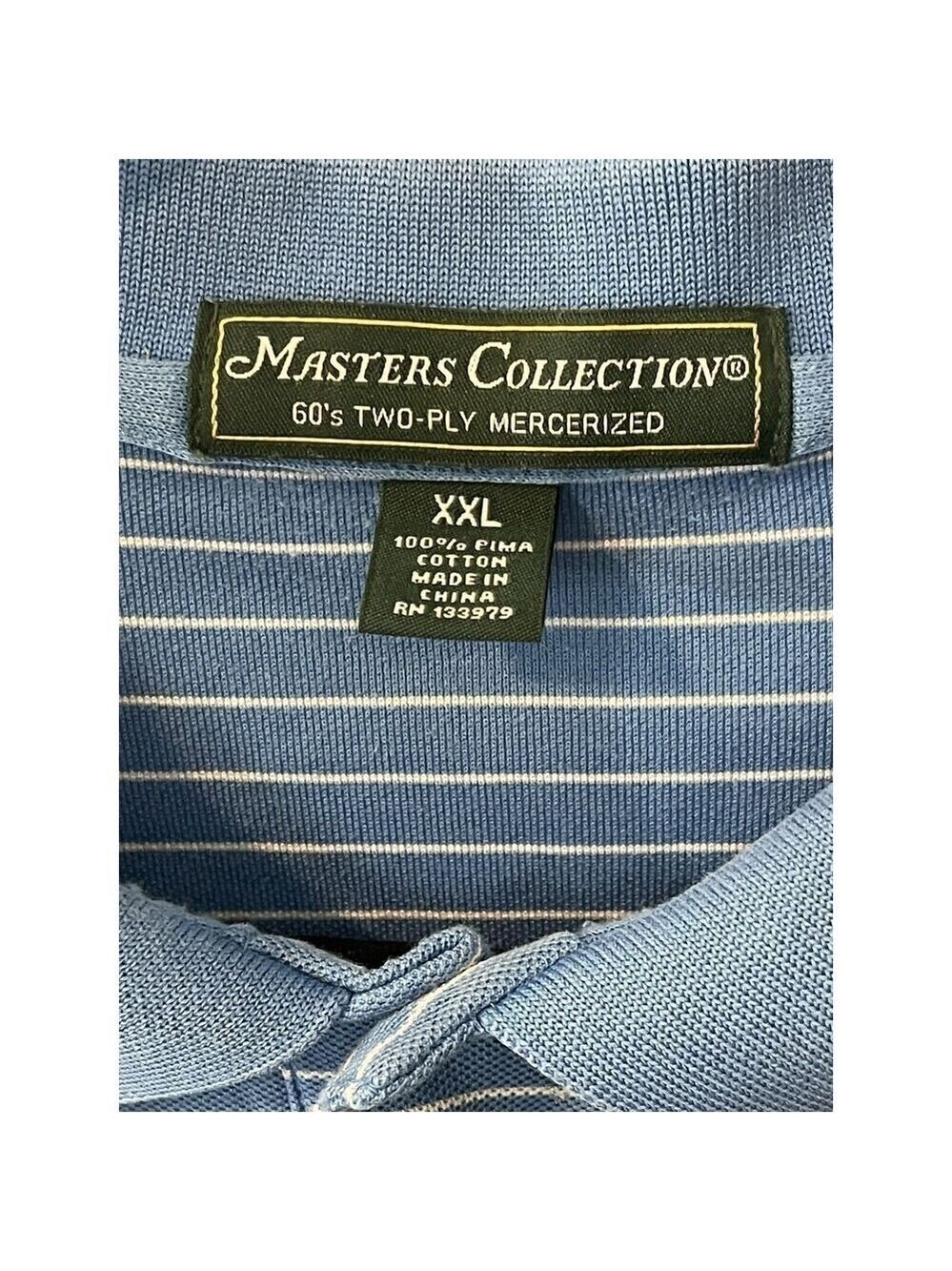 Masters Golf Polo Shirt Blue & White Striped Size XXL Cotton Mesh 2 Ply Logo - Picture 3 of 9